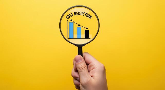 Magnifying Glass Focuses on Cost Reduction Graph on Yellow Background - Business Concept photo