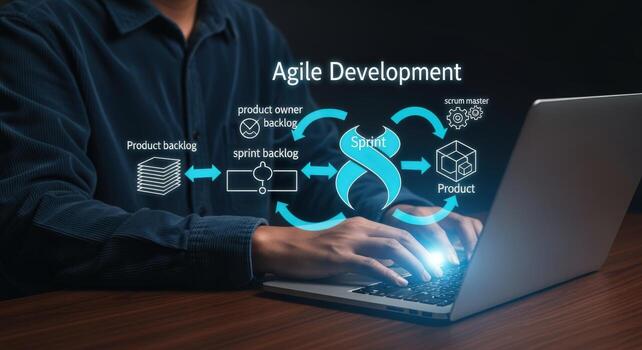 Agile Development Workflow Depicted Over a Person Using Laptop for Software Project Management photo