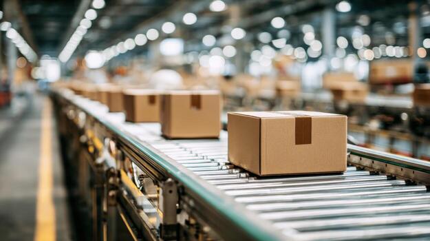Cardboard Boxes Moving on Automated Conveyor Belt System Inside Warehouse for Logistics and Shipping photo