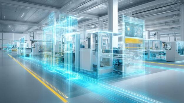 Automated Factory Visualization Futuristic Production Line with Augmented Reality and Data Integration for Efficiency photo