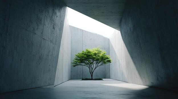Solitary Tree Thriving in Minimalist Concrete Structure, Symbolizing Resilience, Growth, and Hope in Modern Architecture photo