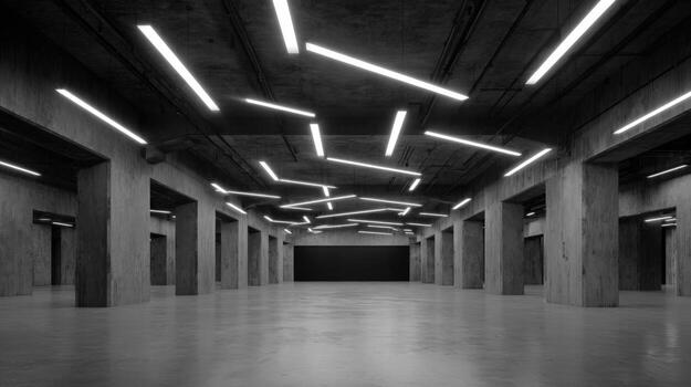 Monochrome Industrial Space with Concrete Pillars and Fluorescent Lighting, Ideal for Modern Events and Architectural Visualization photo