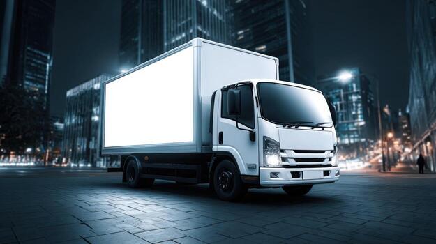 Delivery Truck with Blank Advertisement Space in Urban Setting at Night for Mockup photo