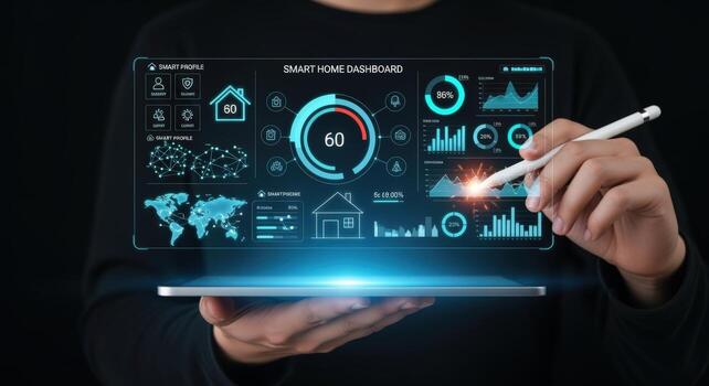 Smart Home Technology Dashboard on Tablet Monitoring and Control for Efficient Living photo