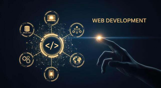 Concept of Web Development with Connecting Icons and Hand Touching Screen on Dark Background photo
