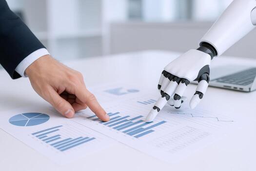 Human and Robot Collaboration Analyzing Business Data, Future Technology and Artificial Intelligence Integration photo