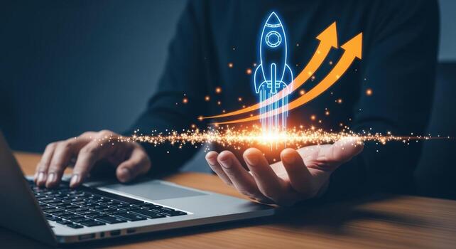 Business Growth Concept Man using Laptop with Rocket Launch and Arrow, representing Company Success photo