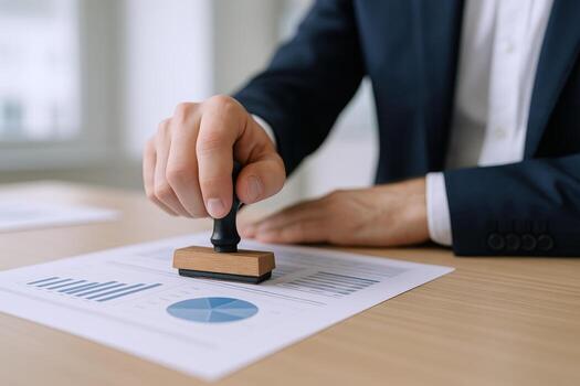 Business Professional Applying a Rubber Stamp on Document with Charts, Representing Approval and Authorization photo
