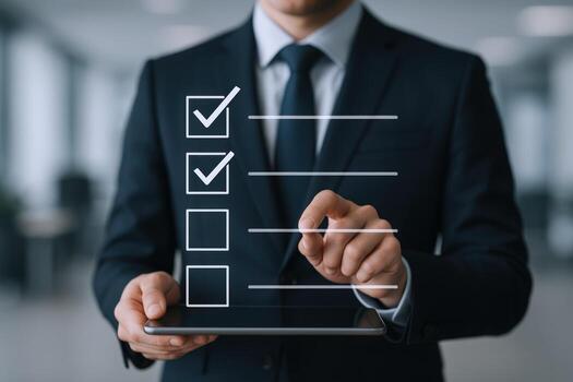 Business Professional Reviewing Digital Checklist on Tablet Task Management and Workflow Efficiency Concept photo