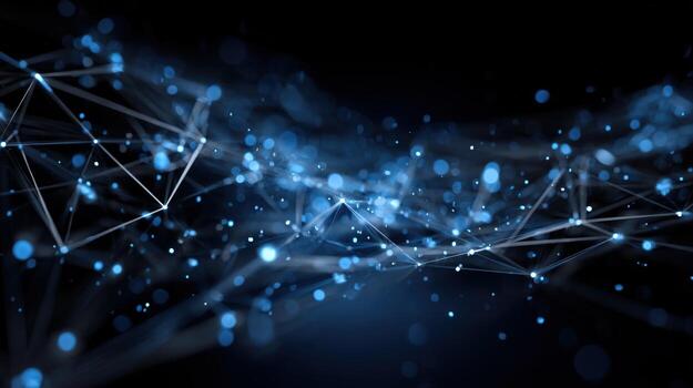 Abstract Network Connection Structure with Blue Dots, Lines, and Particles on Black Background photo