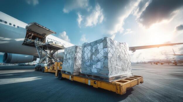 carga avión cargando con carga para global Envío y logística en el aeropuerto pista foto