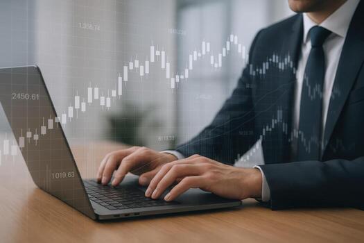 Financial Analyst Monitoring Stock Market Trends on Laptop, Investment Strategy Analysis, Data Visualization, Finance Technology Concept photo