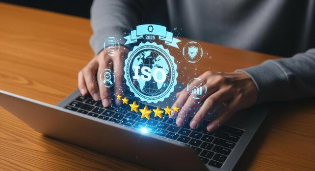 ISO Certification Concept Person Using Laptop with Hologram, Standard Quality Control and Assurance photo