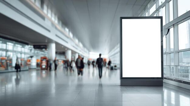 Blank Billboard Mockup in Modern Airport Terminal Hall with Blurred Passengers and Contemporary Architecture photo