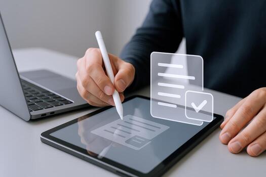 Digital Signature Concept Man Signing Document on Tablet with Stylus for Business Approvals photo