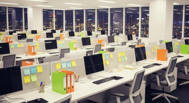 Modern Open Office Space with Desks and Computers at Night, City Lights View photo