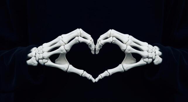 Skeleton Hands Forming a Heart Shape on Dark Background, Symbolizing Love and Mortality, Artistic Composition photo