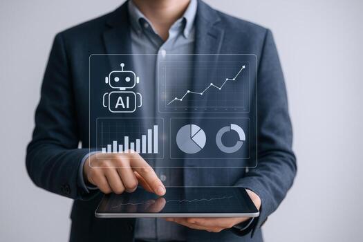 AI-Driven Business Intelligence Man Interacting with Data Visualization on Tablet for Strategic Decision Making photo