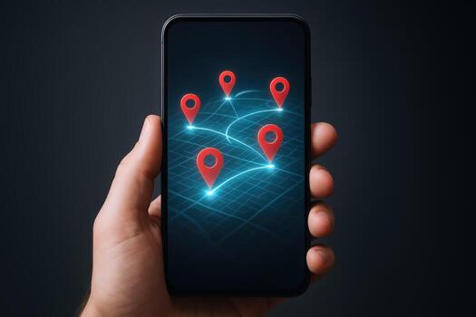 Smartphone Displaying Digital Network Map with Location Pins for Navigation and Global Connectivity photo
