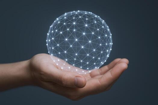 Global Network in Hand Conceptual Image of Connectivity, Data, and Technology on a Gray Background photo