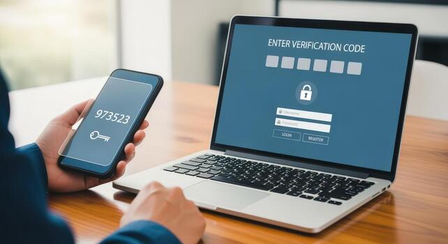 Two-Factor Authentication on Laptop and Phone Showing Verification Code for Secure Login photo