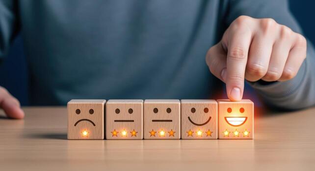 Customer Experience Feedback Hand Selecting Positive Emotion on Wooden Blocks with Smiling Faces photo