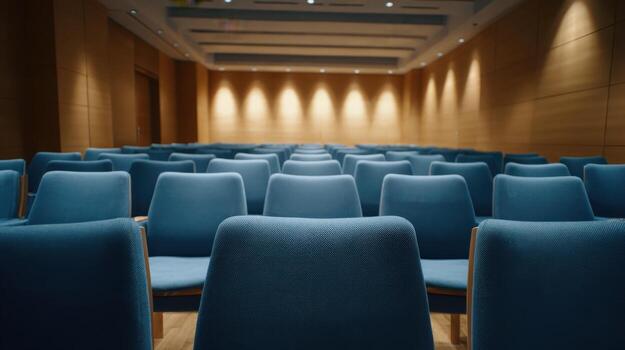 Empty Auditorium with Blue Seats A Clean and Professional Venue for Presentations and Conferences photo