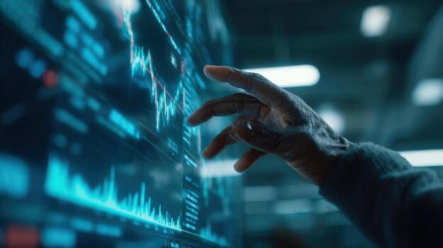 Financial Analyst Interacting with Stock Market Data on a Digital Display for Strategic Investment Decisions photo