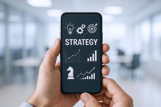 Mobile Strategy Concept Close-up of Smartphone Displaying Business Planning Graphics and Data Analytics in Modern Office photo
