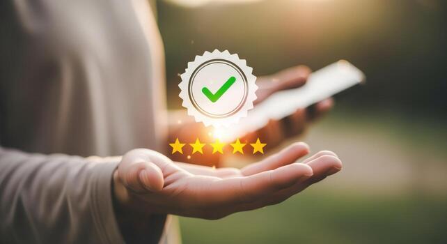 Customer Satisfaction Concept Hands Holding Phone Displaying Five Star Rating and Approval Check Mark photo