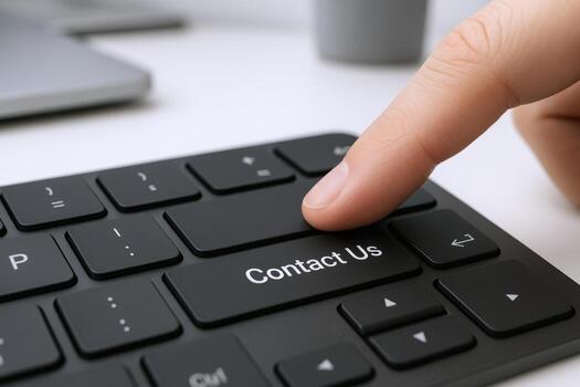 Finger Pressing Contact Us Button on Keyboard, Macro Shot for Business or Customer Service photo