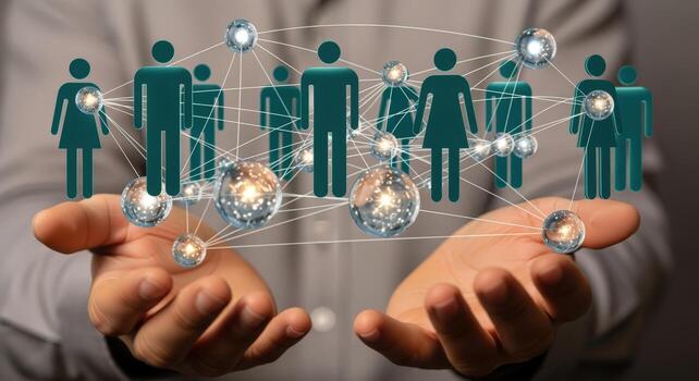 Abstract Visualization of a Human Social Network in Hands, Representing Connectivity and Communication photo