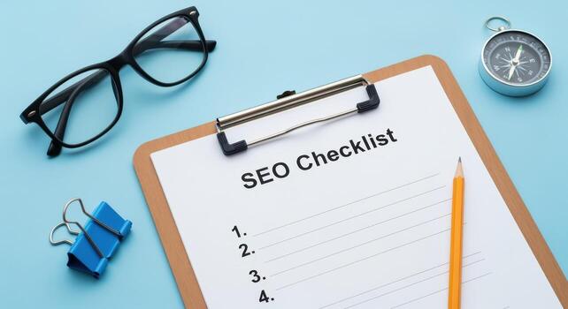 seo Lista de Verificación en portapapeles con Brújula, lápiz, y lentes en azul antecedentes para márketing y mejoramiento foto