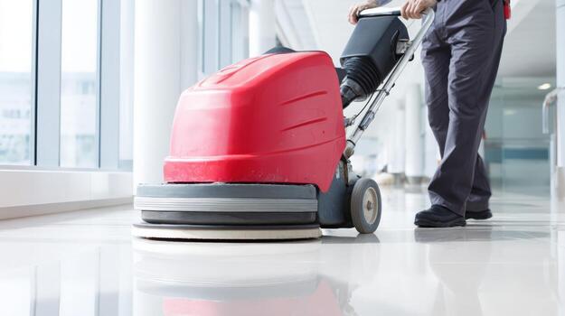 Professional Floor Maintenance Man Polishing Shiny Tiled Floor with Scrubbing Machine in Commercial Building photo