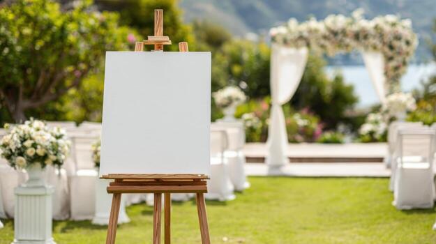 Elegant Wedding Ceremony Setup with Blank Canvas on Easel for Personalized Signage and Decor photo
