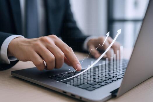 Business Growth Analysis Man Analyzing Financial Data on Laptop with Rising Graph Overlay photo