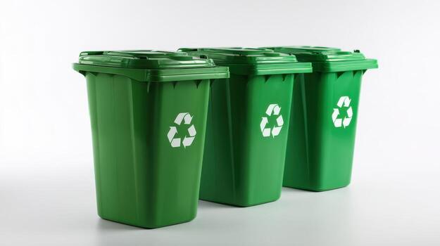 Three Green Recycle Bins in a Row, Representing Environmental Awareness and Waste Management on White Background photo