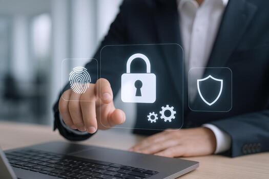 Data security and cybersecurity concept Businessman pressing lock icon for protection in digital transformation era photo