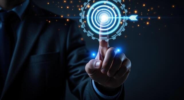 Business Man Pointing at Digital Target for Data Analysis and Futuristic Technology photo