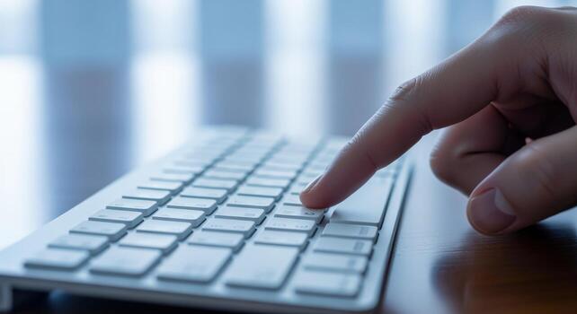 Finger presses a key on a white keyboard, conceptual shot of modern technology photo