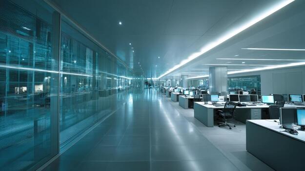 Modern Open Office Interior with Desks and Computers, Futuristic Corporate Workspace with Glass Walls photo