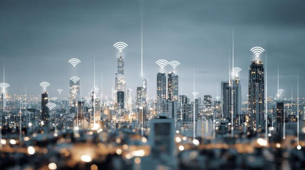 Modern Cityscape with Wireless Communication Network, Illustrating Connectivity and Technological Advancement in Urban Environment photo