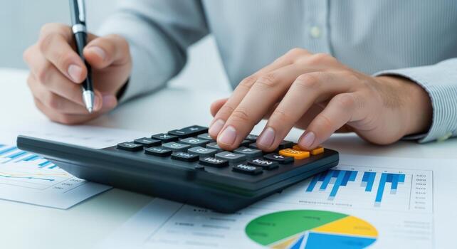 Financial Analysis Man Calculating Data with Pen and Calculator on Charts and Graphs photo