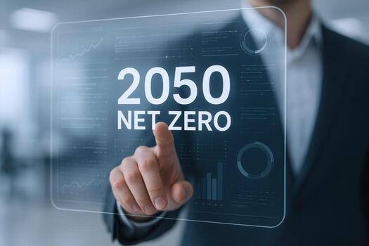Net Zero 2050 Concept Businessman Touching Hologram Screen Displaying Sustainability Goals and Climate Action Commitment photo