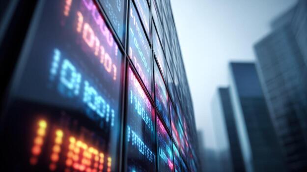digital datos fluido en moderno edificio fachada, ilustrando tecnología y comunicación en urbano ambiente foto