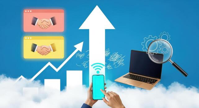 Business Growth Concept with Handshake, Smartphone, and Arrow Pointing Up, Demonstrating Success and Progress photo