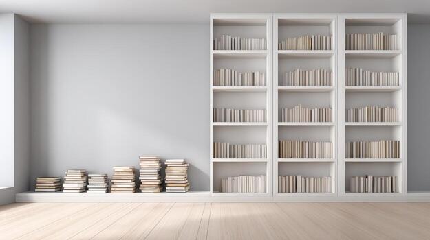 Minimalist Interior with Bookshelves and Light Wood Floor, Creating a Serene and Organized Atmosphere photo