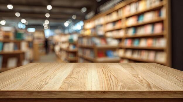 Wooden Table Surface with Blurred Bookstore Background, Ideal for Mockups and Product Display photo