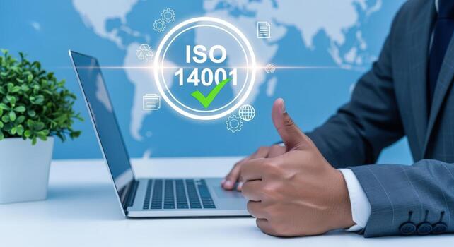 ISO 14001 Certification Concept Businessman Approving Environmental Management System with Laptop and World Map Background, Representing Compliance photo