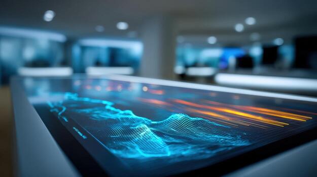 Interactive Touchscreen Display with Data Visualization in Modern Office Lobby for Corporate Presentation photo